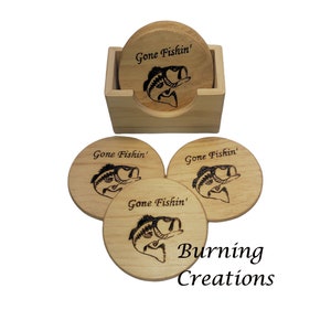 Gone Fishing Coaster Set, Pyrography, Wood Burned, Gift, Rustic, Coaster Set, Rustic Coaster Set, Wood Coasters, Coaster