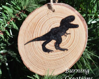 T-Rex Dinosaur Ornament, Pine Ornament, Pyrography, Wood Burned, Pine Wooden Ornament, Holiday Ornament, Gift, Rustic Ornament, Rustic