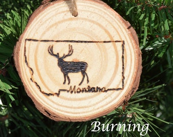 Montana Buck Ornament, Pine Ornament, Pyrography, Wood Burned, Pine Wooden Ornament, Holiday Ornament, Gift, Rustic Ornament, Rustic