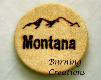 Montana Mountains Magnet, Pyrography, Wood Burned, Wooden Magnet, Magnet, Gift, Rustic Magnet, Rustic, Wooden Magnet, Magnets