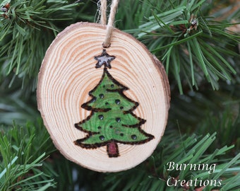 Christmas Tree Ornament,  Pine Ornament, Pyrography, Wood Burned, Pine Wooden Ornament, Holiday Ornament, Gift, Rustic Ornament, Rustic