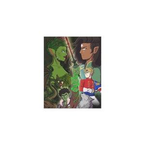 Peut inclure: Une illustration fantastique représentant une femme à la peau verte avec une couronne de feuilles, un homme aux cheveux blonds portant un uniforme rouge et bleu, un loup et un petit dragon vert. La femme et l'homme se font face, et le loup se tient entre eux. Le dragon est en arrière-plan.