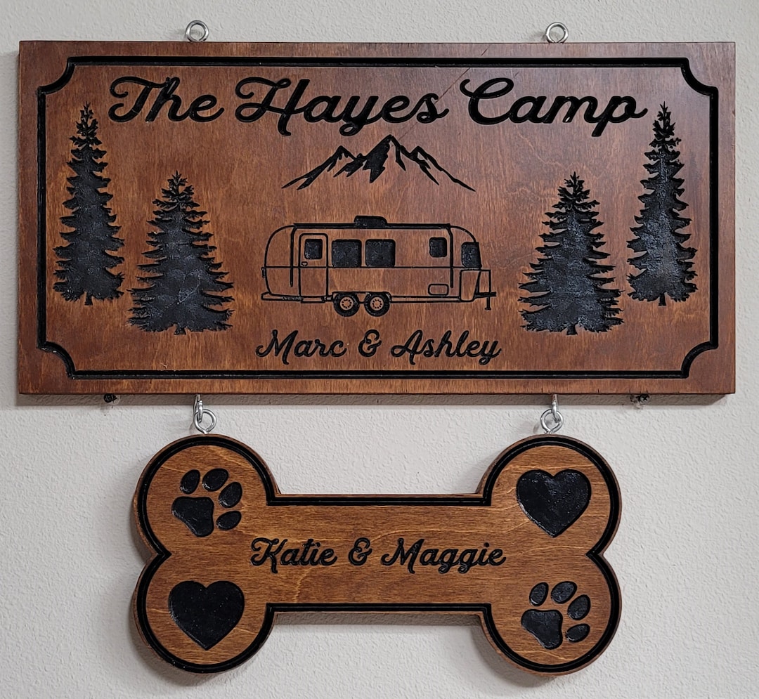 Personalized RV Sign & Pet Dogbone Shaped Sign Combo, Camp Signs