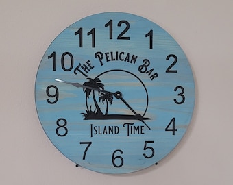 Custom Personalized Round Wall Clock, Pool Clock, Bar Clock, Shop Clock, Garage Clock, Island Time, Patio Decor, Personalized Gift.
