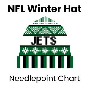 May include: A digital needlepoint chart for an NFL winter hat. The design features the word "JETS" in black letters, with a green and white pixelated hat design above and below the text. The words "NFL Winter Hat" and "Needlepoint Chart" are also included.