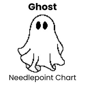 May include: A black and white needlepoint chart featuring a pixelated ghost design. The word "Ghost" is above the ghost image, and "Needlepoint Chart" is below it. The ghost has two black oval eyes and a flowing white body.
