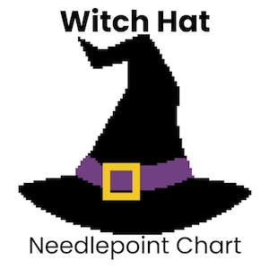 May include: Black witch hat with a purple band and a gold buckle. Needlepoint chart.