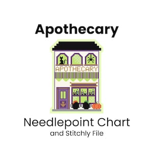 May include: A cross-stitch pattern design titled Apothecary Needlepoint Chart and Stitchly File, featuring a two-story building with a black roof, purple accents, a cat, a spider, and a pumpkin, rendered in pixel art style with green and white details.