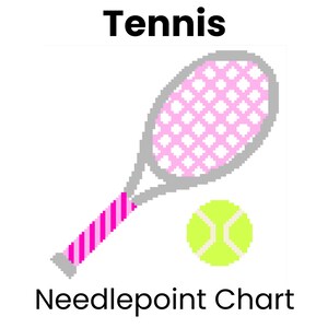 May include: A needlepoint chart for a tennis racket and ball. The racket is gray with a pink and white net and a pink and white striped handle. The ball is yellow with a white seam.