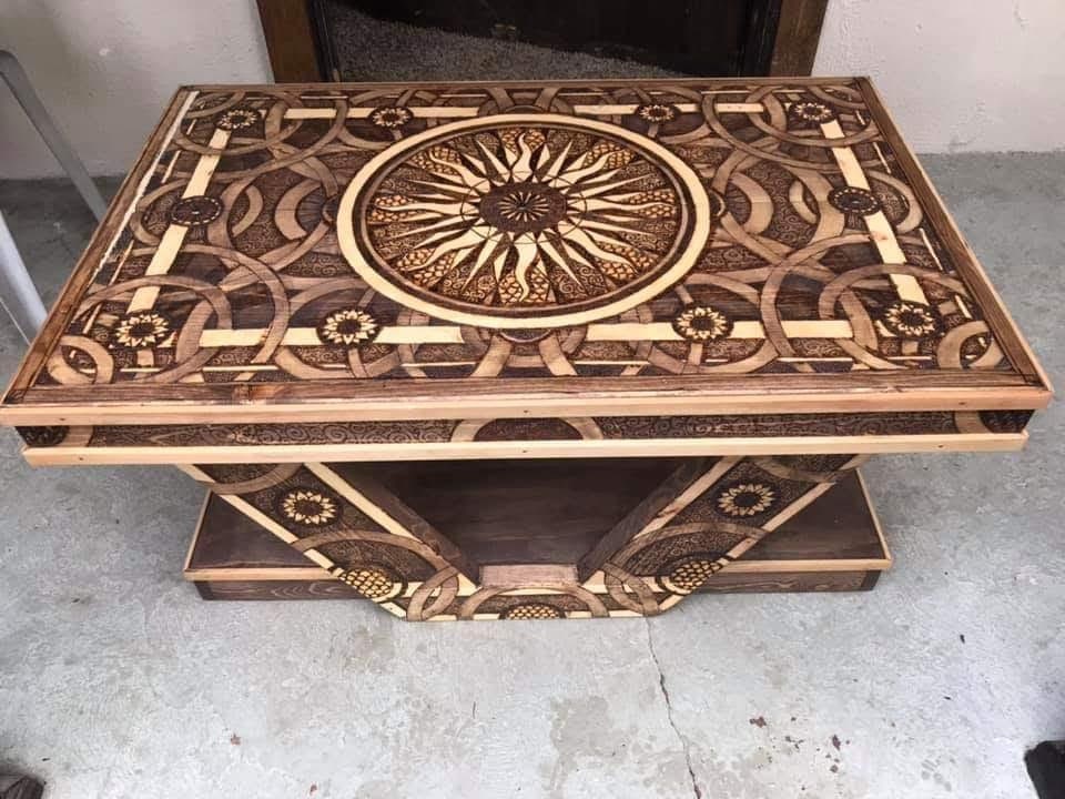 Custom coffee table with wood burned design detail Etsy