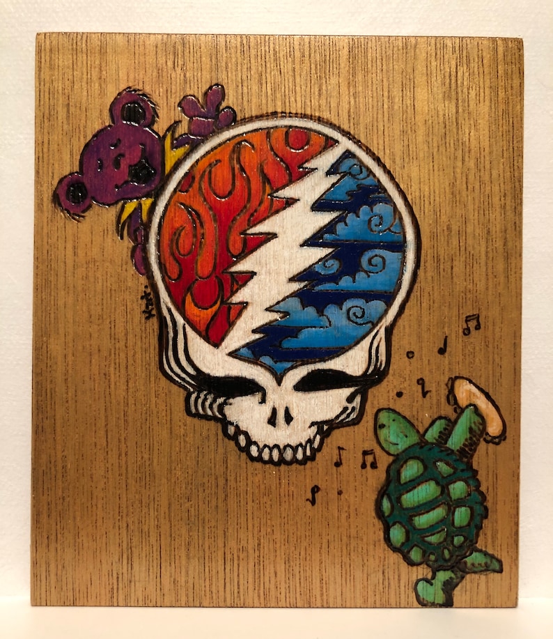 Grateful Dead Steal Your Face Inspired Wood Burnt Pyrography Colored