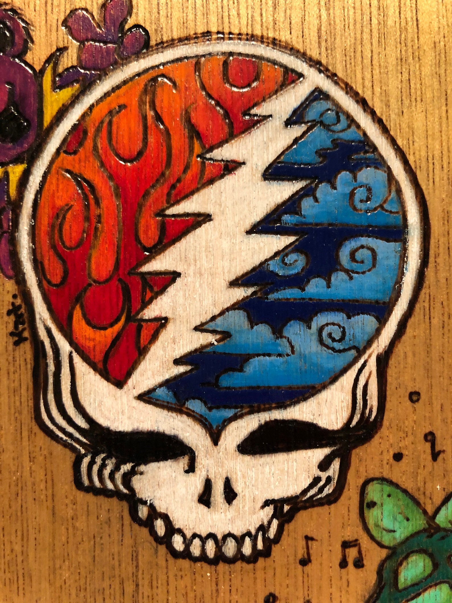 Grateful Dead Steal Your Face Inspired Wood Burnt Pyrography Colored