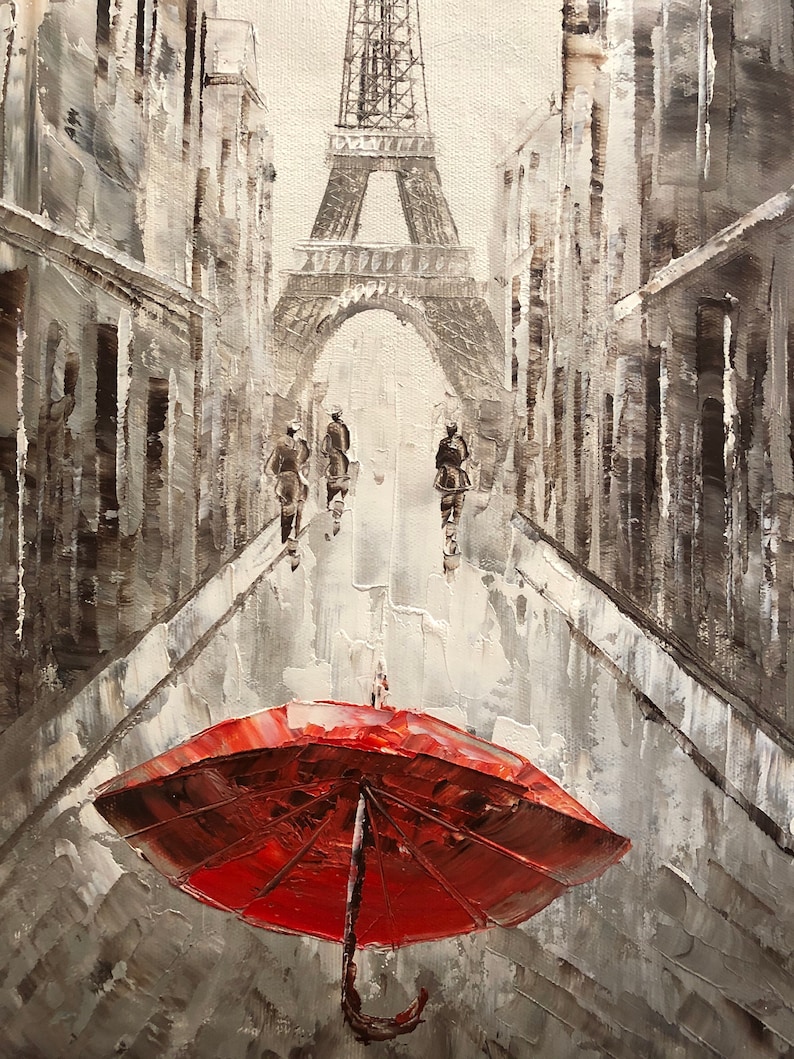 French Cityscape Impressionist Paris Street #11 Black and White Eiffel Tower 20x24 Hand-painted Oil Painting on Canvas Unframed Wall Art