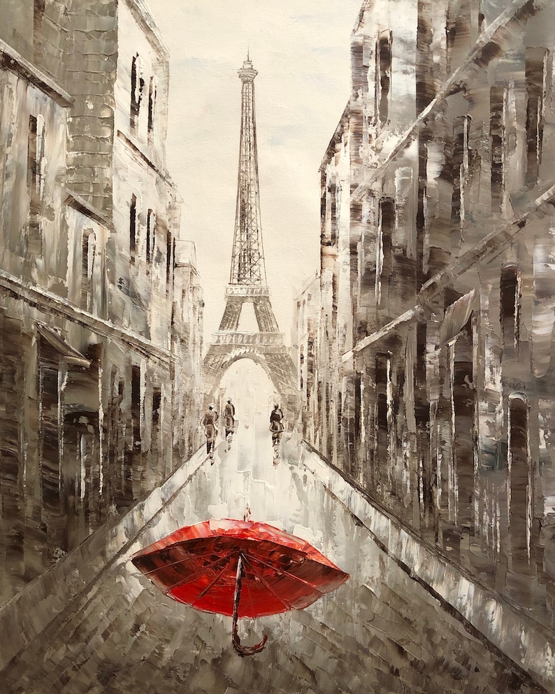 French Cityscape Impressionist Paris Street #11 Black and White Eiffel Tower 20x24 Hand-painted Oil Painting on Canvas Unframed Wall Art