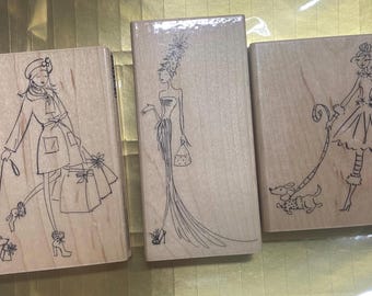 3 piece set of Penny Black wood mounted rubber stamps fashion themed designs