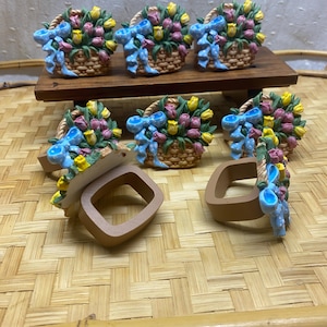 Vintage Spring Napkin Rings: Tulip Basket Design, Blue Bow - Set of 8