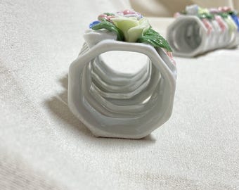 Set of 6 Flower & Ribbon Ceramic Napkin Ring Holder