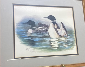 ヴィンテージ ペギー・バング作 サイン入り水彩画 2羽のアビ 額装済みアート作品