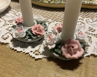 Vintage Porcelain Candle Stick Holders White Pink Flowers Set of 2