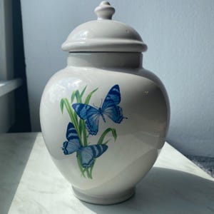 FTD 1960 Butterfly JAR - Vase with Lid, Blue Butterflies, Vintage Ceramic
