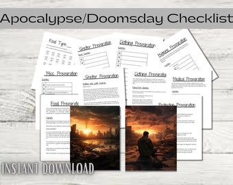 May include: A collection of printable checklists titled "Apocalypse/Doomsday Checklist". The pages cover food, shelter, clothing, hygiene, medical, and protection preparation. The image includes a sunset over a destroyed city and a person in a post-apocalyptic setting.