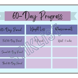 May include: A printable chart with a light blue background and a purple banner at the top that says "60-Day Progress". The chart is divided into three sections: 60-Day Period, Weight Loss, and Measurements. Each section has three rows. The first row of the 60-Day Period section says "First 60-Day Period". The first row of the Weight Loss section says "-11 Pounds". The first row of the Measurements section says "Waist: -3 inches".
