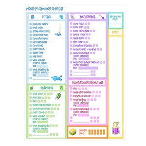 May include: A vibrant monthly cleaning checklist, divided into sections for kitchen, bathrooms, bedrooms, and living/dining room. Each section features tasks with tick boxes. The text "Monthly Cleaning Checklist" is visible.
