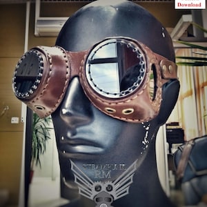 May include: Brown leather steampunk goggles with round, mirrored lenses. The goggles are on a mannequin head. The image includes the text "STEAMPUNK RM" and "Leather patterns Digital goods".