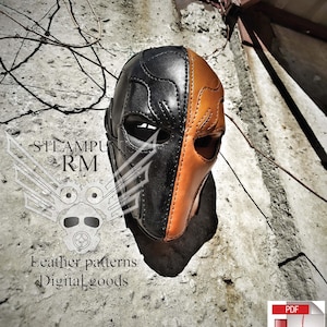 Peut inclure: Un masque en cuir noir et orange avec des détails de couture. Le masque a un design de crâne avec des trous pour les yeux et une ouverture pour la bouche. Le masque est accroché à un mur en béton. Le texte "STEAMPUNK ARM" est visible sur l'image. Le texte "leather patterns Digital goods" est également visible sur l'image. Le texte "PDF Pattern Download" est visible sur l'image.