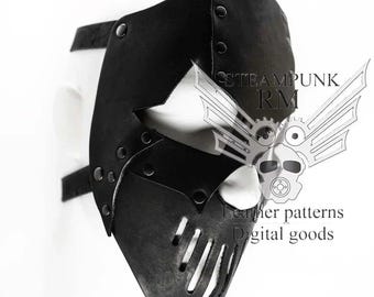 May include: A black leather steampunk mask with a metal eye piece and rivets. The mask has a cutout design on the lower face. The mask is on a white background.  STEAMPUNK RM Leather patterns Digital goods