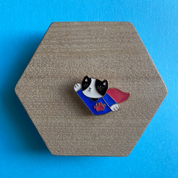 Super Hero Cat Enamel Pin - Black and White Flying Superman Superwoman Kitten - Perfect Gift for the Superhero Cat lover