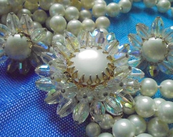 VENDOME Crystal Flower Clasp Six Strand Faux Pearl AB Necklace Earrings Demi Parure Set