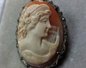 Goddess of MUSIC Antique Carved Cameo Pendant Brooch Grecian Muse with Harp 800 Silver Marcasite