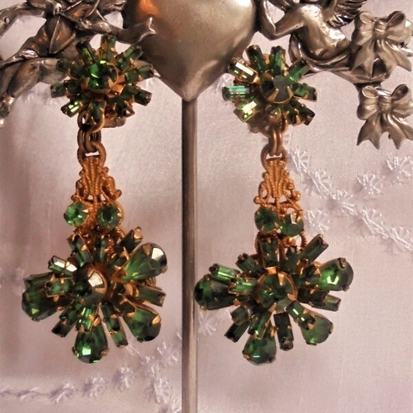 Miriam Haskell Signed Emerald Green Rhinestone Dangling Earrings Vintage Mid-century