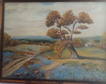 Vintage Original Texas Bluebonnet Oil Painting Inscribed on Back