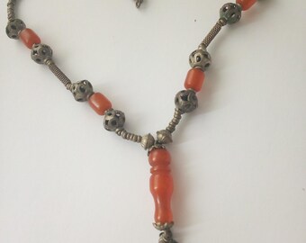 Antique Carnelian Cornflower Amulet Tribal/ Silver Necklace