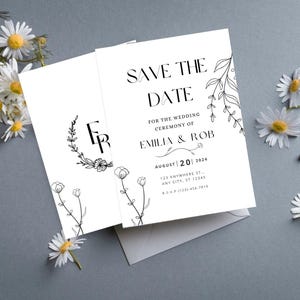 Minimalist Save the Date Template | Black & White Wedding Card | Floral Line Art Save the Date | Modern Design| Digital Download