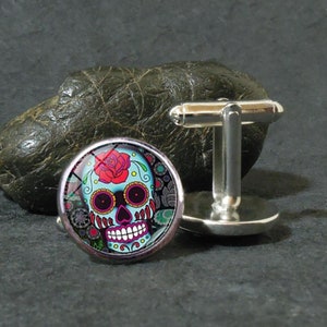 Sugar Skull Cuff links Silver, Candy Skull Cufflinks for Men , Skulls, Day of the Dead, Skull Jewelry, Silver Cufflinks - Men&#39;s Jewelry Gift
