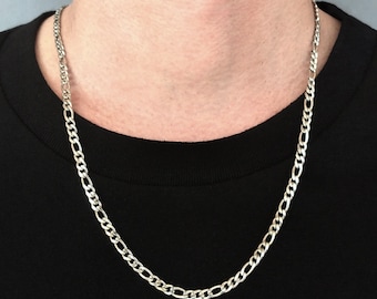 Cadena Figaro de Plata - Collar de Cadena Figaro para Hombre, Cadena Figaro de Plata de 4 mm, Collar de Acero Inoxidable, Cadenas para Hombre - Joyería para Hombre