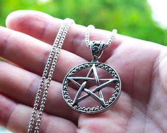 Pentagram Pendant Necklace - Silver Pentacle Pendant, Magic Talisman, Wicca Necklace, Witch Warlock Jewelry - Includes Box Chain Necklace