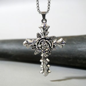 Gothic Cross Necklace - Silver Rose Cross Necklace, Vintage Style Pendant, Crucifix Pendant, Unisex Punk Goth - Large Cross Pendant