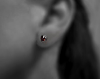Garnet Stud Earrings Sterling Silver, Minimalist Gemstone, Red Gem Earrings