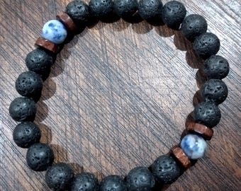 Pulsera de cuentas de lava - Pulsera de lapislázuli, Pulsera de lava para hombre, Pulsera de cuentas negras - Pulsera de piedra volcánica con cuentas de lapislázuli