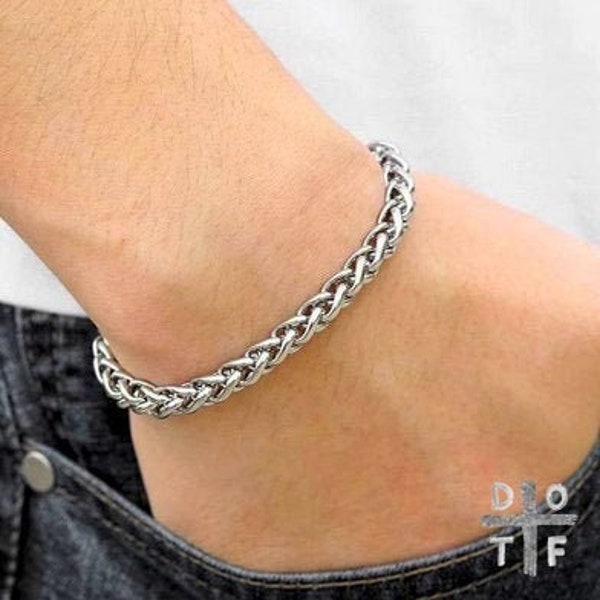 Bracelet chaîne de blé en argent - Bracelet manchette pour homme et femme, Bracelet tressé en acier inoxydable
