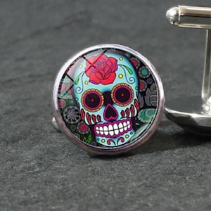 Skull Cufflinks for Men Silver, Sugar Skull Cufflinks, Day of the Dead Cufflinks, Skull Jewelry, Mens Jewelry Gift - High Quality Cufflinks