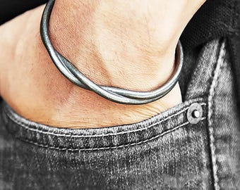 Twisted Cuff Bracelet Silver - Men's Open Cuff Bracelet, Layered Bracelet Silver, Streetwear Bracelet for Men, Gift for Him - Mens Bracelets