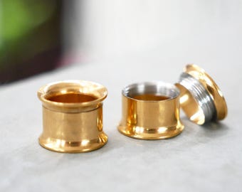 Tunnels d'oreille évasés en or - Tunnel de chair, écarteurs d'oreille, plugs d'oreille à vis en or, écarteur d'oreille - Or chirurgical PVD