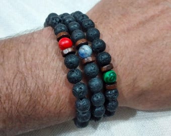 Pulsera de tres cuentas de lava para hombre, pulsera de piedra volcánica, malaquita, coral rojo, lapislázuli, pulsera de cuentas negras, joyería para hombre, regalo