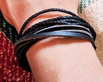 Pulsera ajustable de cuero marrón y negro de varias vueltas - Unisex