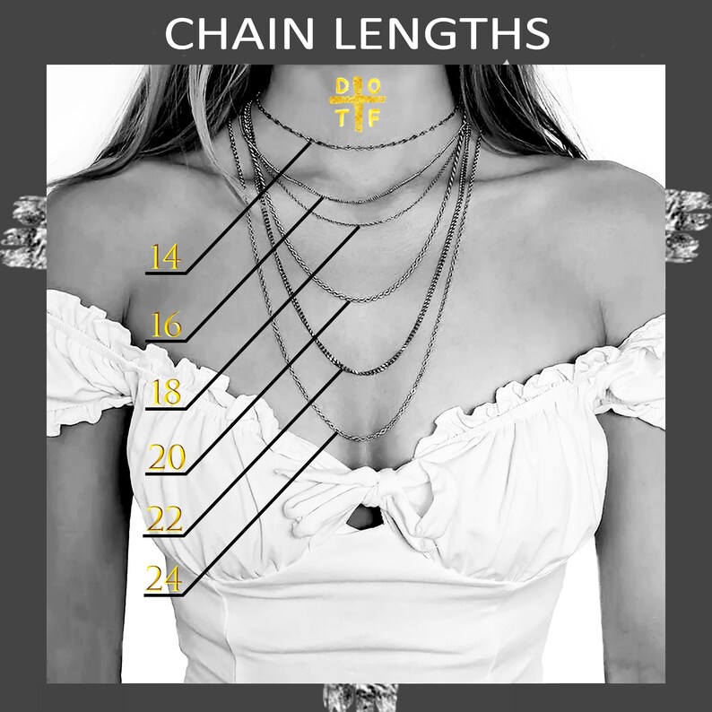 May include: A grayscale image showcasing a woman wearing multiple silver necklaces of varying lengths. The image includes text indicating chain lengths from 14 to 24 inches. The necklaces are displayed against a white top.
